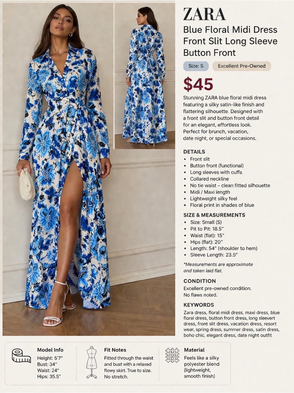 ZARA Blue Floral Satin Wrap Midi Dress | Size S | Statement Slit